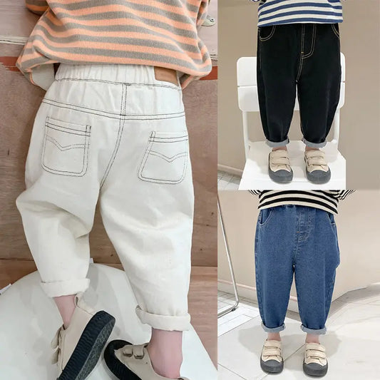 Pantalones vaqueros holgados para bebé niño y niña, nueva moda, estilo coreano, casuales, de color sólido, pantalones vaqueros para primavera y otoño para niños de 1 a 7 años.