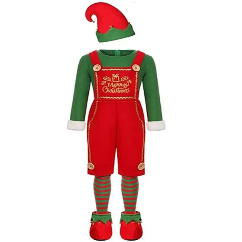 2025 Christmas Boys Cute Green Elf Costume New Year Family Party Festival Fancy Santa Claus Cosplay Outfit Set for Men Women