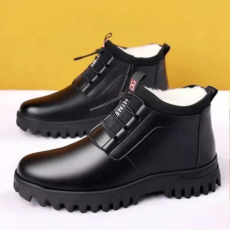 Zapatos de invierno de piel para hombre, de moda, con forro de felpa, cálidos, cómodos, antideslizantes, de algodón, para negocios, para exteriores, informales, botas de nieve, para vacaciones