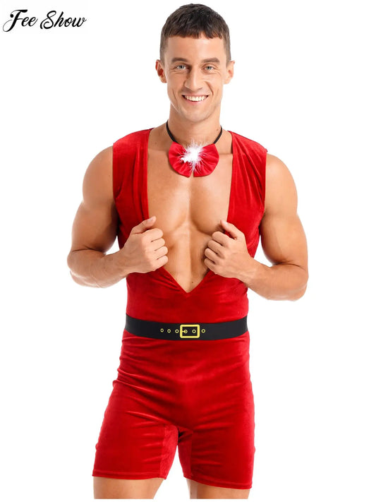 Mono de terciopelo suave sin mangas con escote en V profundo, sin mangas, con cinturón y pajarita con ribete de plumas, ideal para fiestas navideñas masculinas.