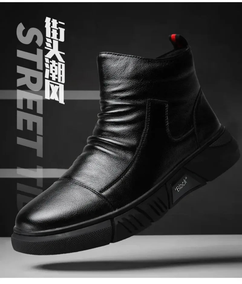 Bottes en cuir tendance pour hommes, bottes d'hiver chaudes et chaudes, chaussures en coton, bottes montantes décontractées en cuir, style britannique, chaussures pour hommes