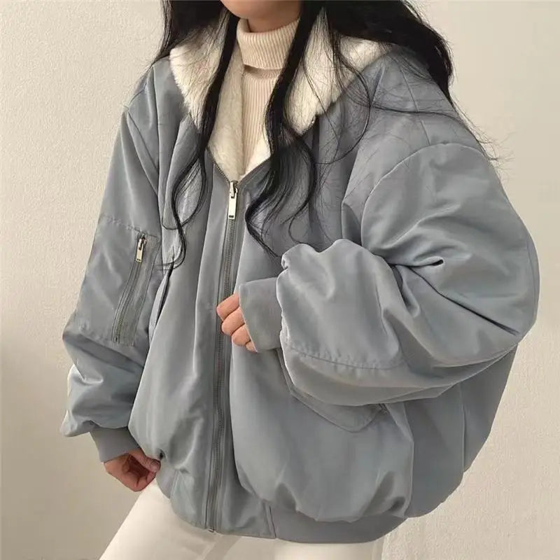 Women Parkas Coat Korean Thick Warm Coats Solid Zipper Hooded Loose Jacket Casual Full Sleeve Regular Splice Pockets Winter