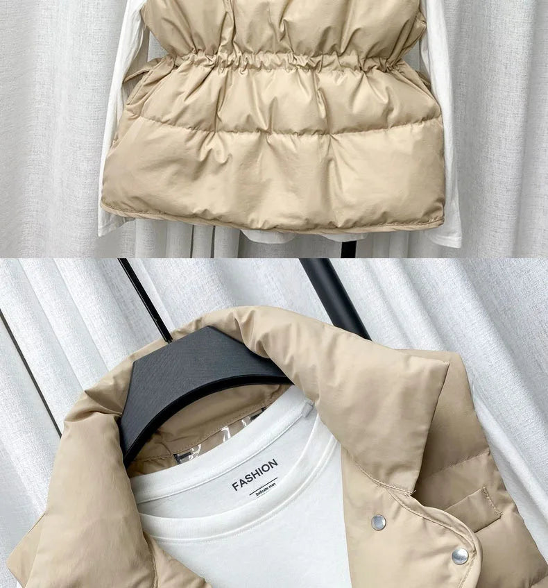 Parkas Women Vest Coats Thick Warm Sleeveless Turn Down Collar Drawstring Tight Waist Coat Single Breasted Autumn Winter