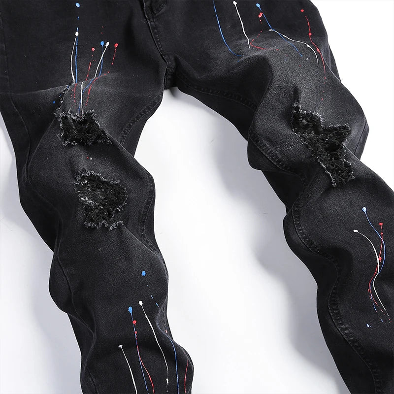 New Jeans Paint For Men Spring Summer Fashion Men Wash Worn Holes Patch Paint printing micro-bullet Small Feet Black Male Denim
