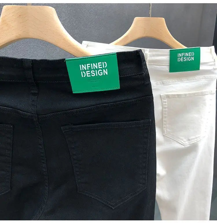 Fashion Luxury Designer Men's White Black Jeans Slim Fit Korean Style Stretch Denim Pants for Summer  Stretch  Skinny Jeans Male