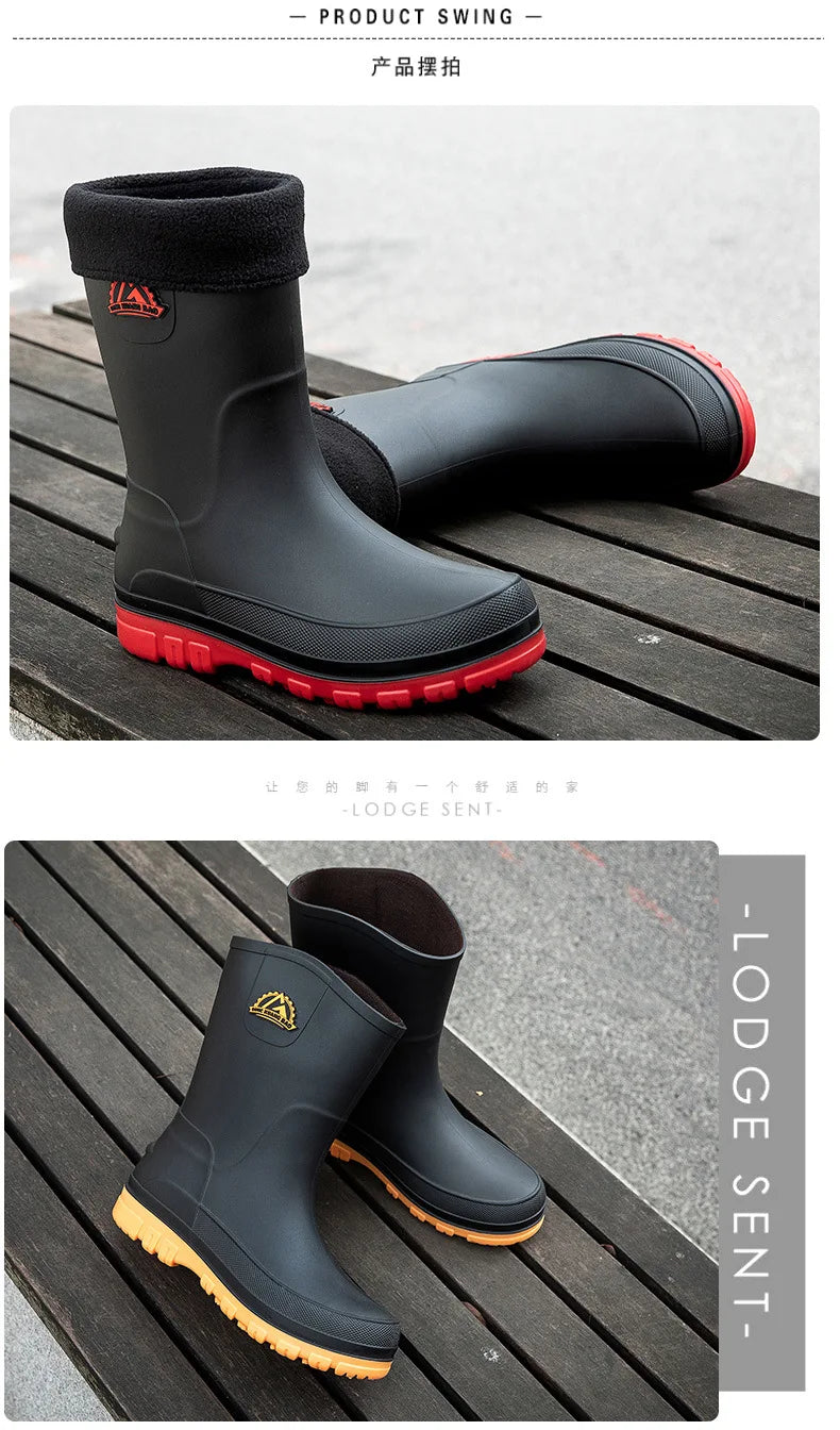 Bottes de pluie décontractées pour hommes, imperméables et antidérapantes, tige mi-haute, chaussures de travail tendance en caoutchouc (prendre une pointure au-dessus pour les modèles en coton)