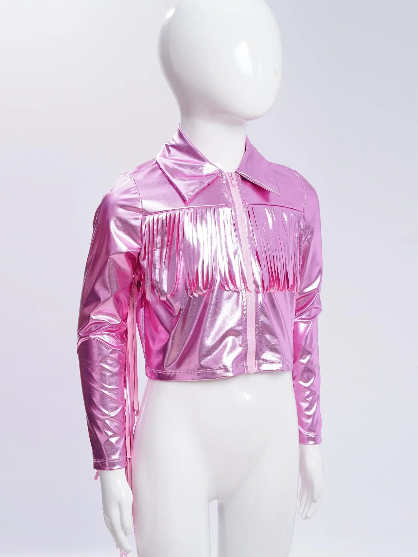 Kids Girls Tassels Metallic Jacket Top Fringe Shiny Turn-Down Collar Long Sleeve Zipper Jacket Coat for Hip Hop Street Dance