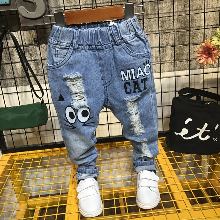 Pantalones vaqueros para niñas de 1 a 7 años, informales, con agujeros y estampado de gato de dibujos animados, para primavera y otoño