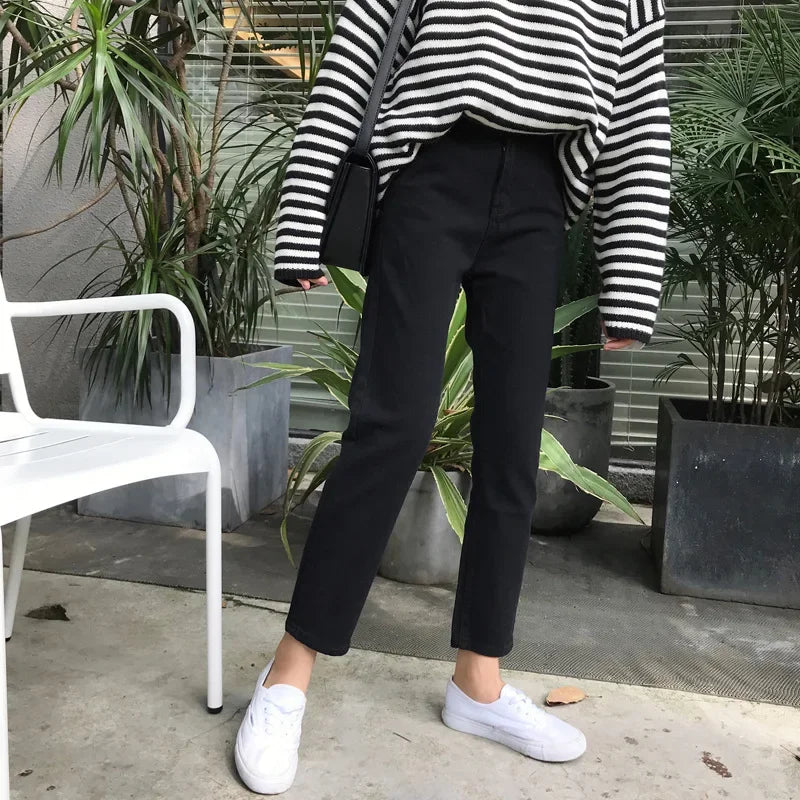 Pantalones vaqueros rectos de cintura alta, holgados, informales, de corte petite, color negro, para mujer, primavera y otoño de 2024