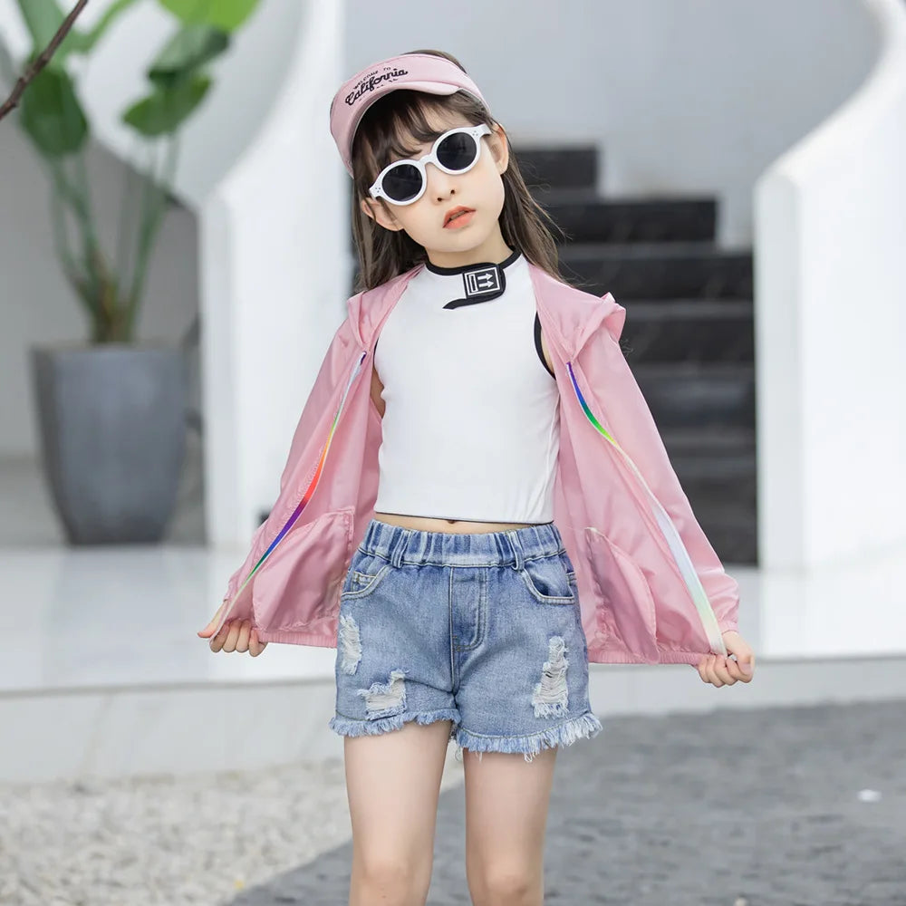 Children's Summer Thin Sun-protective Jacket Boys Girls Breathable Hooded Zipper Solid Lightweight Coat Jackets Clothing