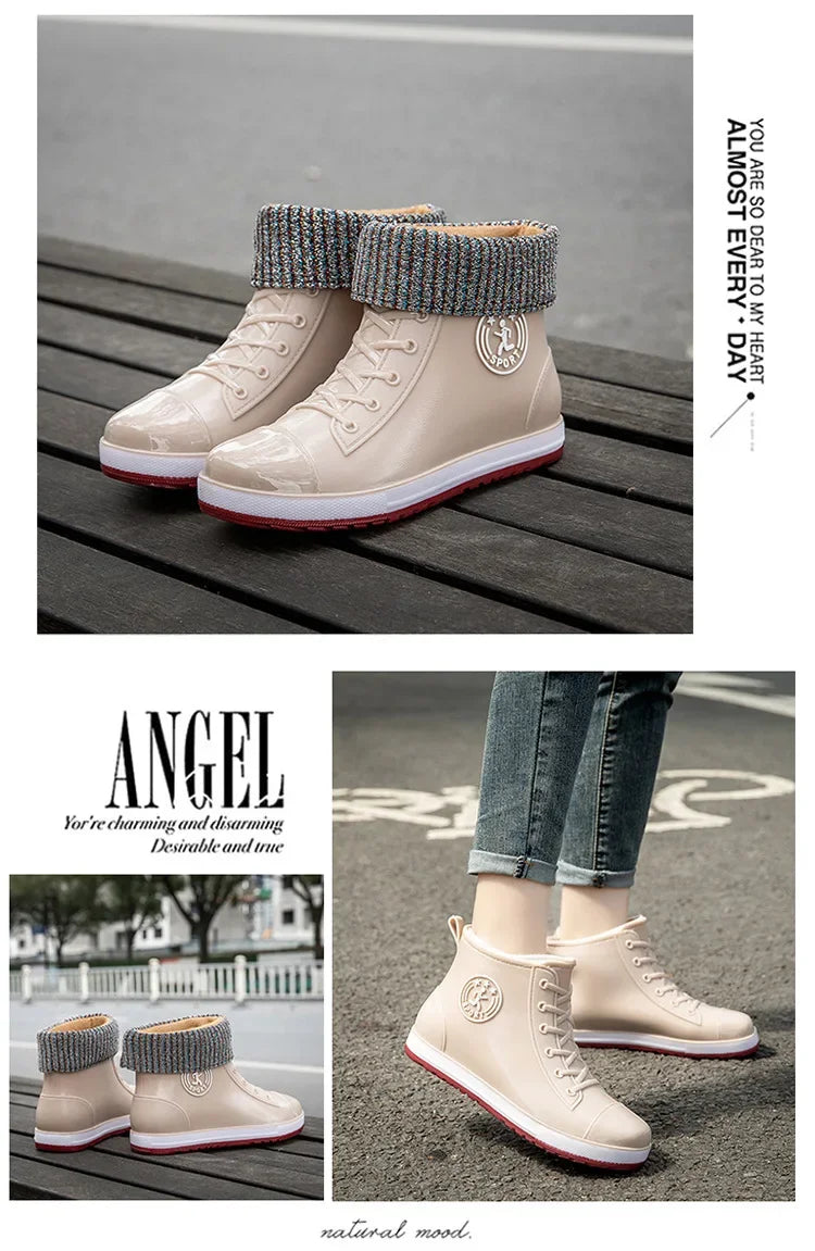 Women's Rain Boots Fashion Warm Cotton RubberShoes Ankle Rain Shoes for Women Waterproof Garden Galoshes Botas Lluvia Mujer
