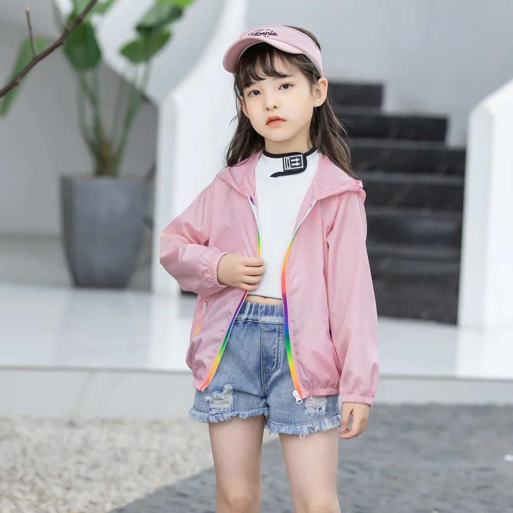 Children's Summer Thin Sun-protective Jacket Boys Girls Breathable Hooded Zipper Solid Lightweight Coat Jackets Clothing