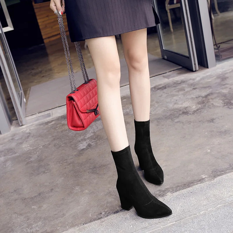 Ankle Chunky High Heel Sock Chelsea Boots Women Autumn Fashion Pointed Frosted Suede Short Boots Female Pumps Sexy Warm Boots
