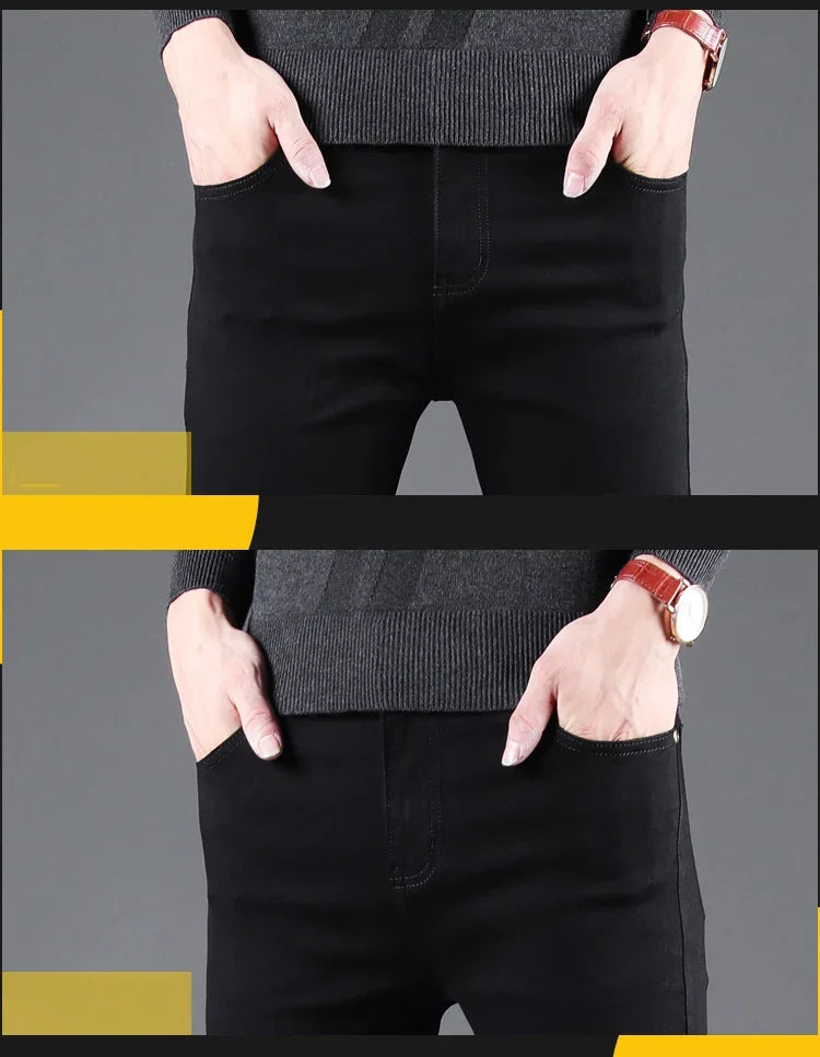 Pantalones vaqueros ajustados negros puros para hombre, pantalones rectos elásticos, moda de negocios, pantalones vaqueros vintage coreanos para hombre, primavera y otoño
