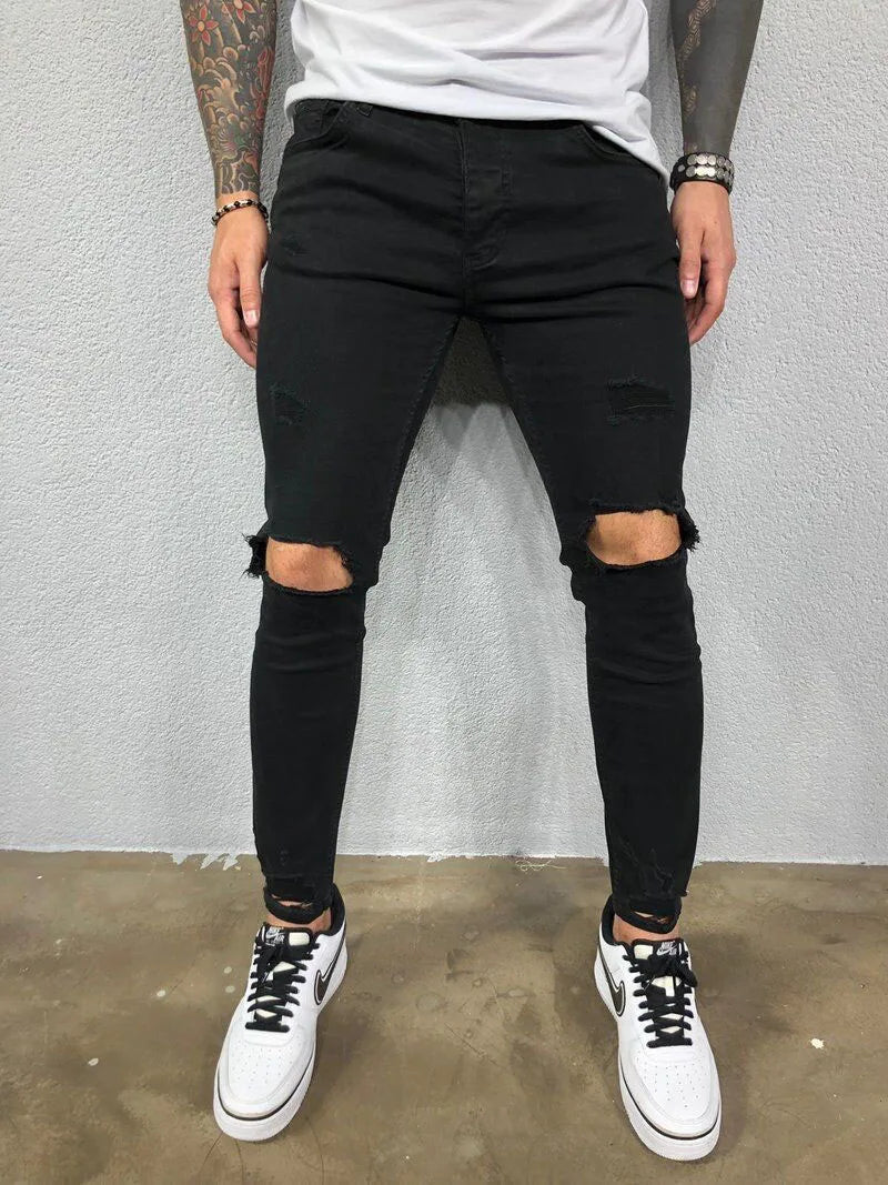 Men's Jeans Streetwear Ripped Skinny Hip Hop Man Fashion Estroyed Oversize Pants Solid Color Male Stretch Casual Denim Trousers