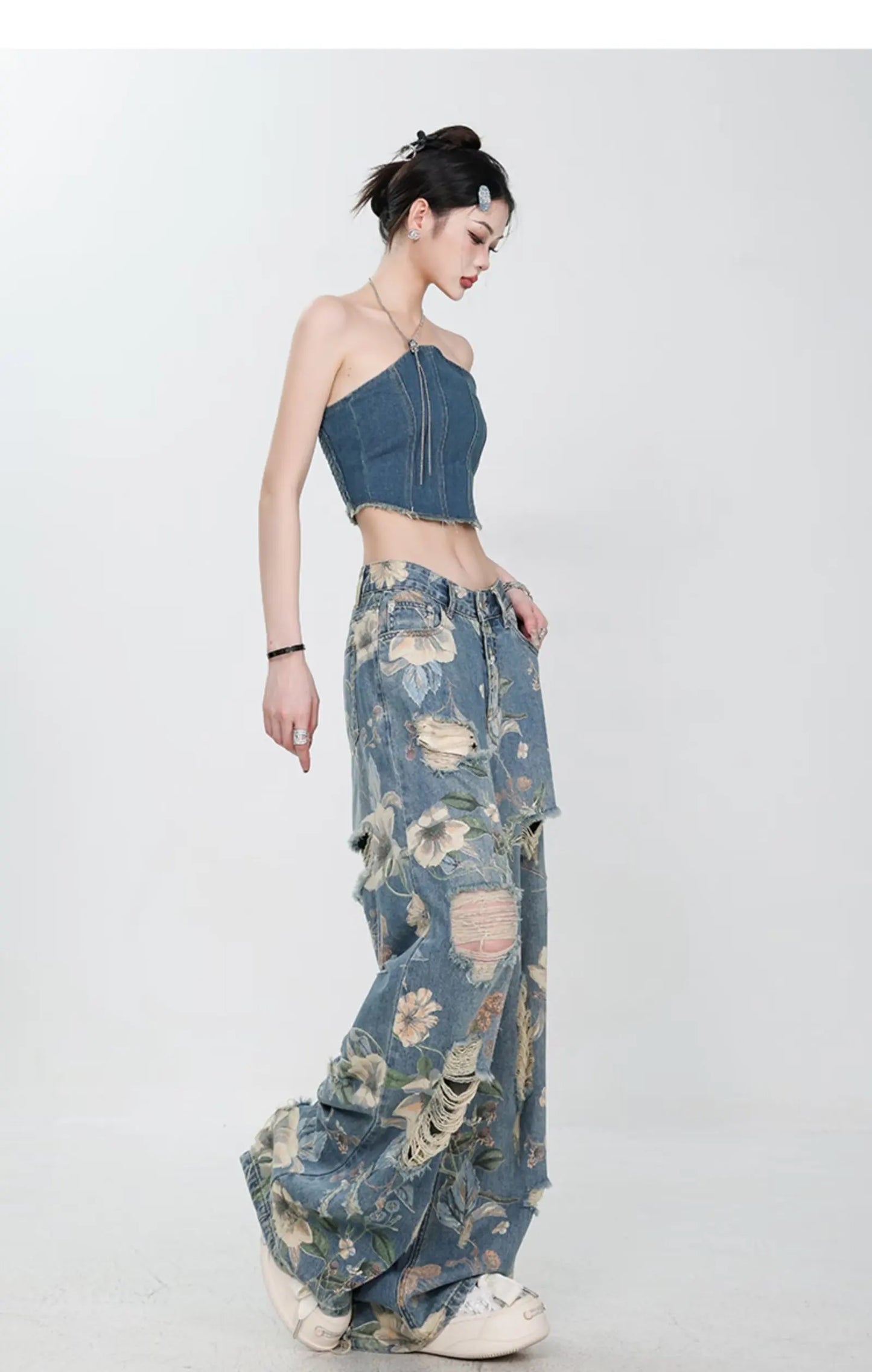 American Street Print Jeans For Women Trendy Style Loose And Versatile Floor-length Wide-leg Pants With A Versatile Design