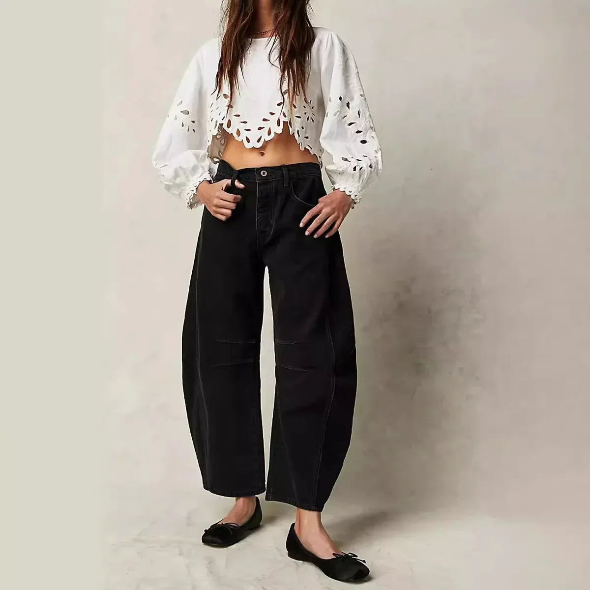 Pantalones vaqueros holgados de pierna ancha para mujer, decolorados, de color liso, de cintura alta, a la moda, hasta el tobillo