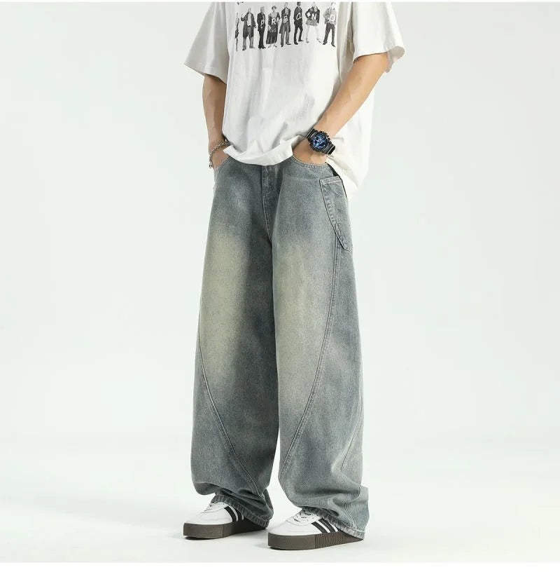 New Vintage Men‘s Patchwork Baggy Jeans Draped Straight-leg Denim Trousers Autumn Korean Fashion High Street Casual Y2K Jean