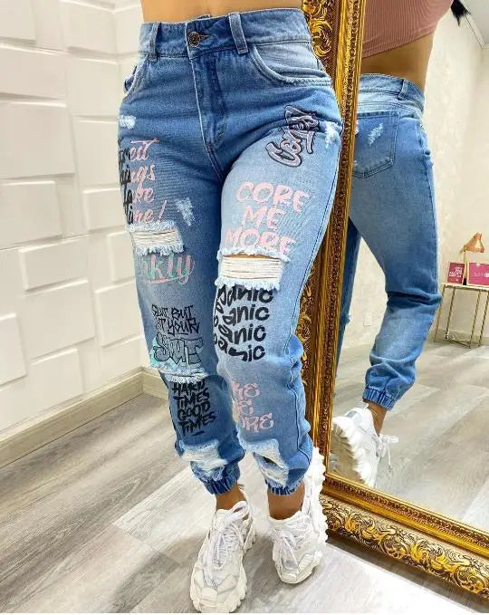 Pantalones vaqueros de mujer hasta los tobillos con estampado, agujeros, lápiz, bolsillos, lavados, ajustados, básicos, cierre de cremallera, primavera, planos, ligeramente elásticos.