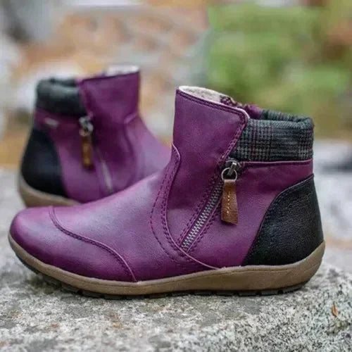 Botas cortas de invierno de moda retro de cuero con parches, cómodas, de suela plana con cremallera, zapatos de mujer de talla grande