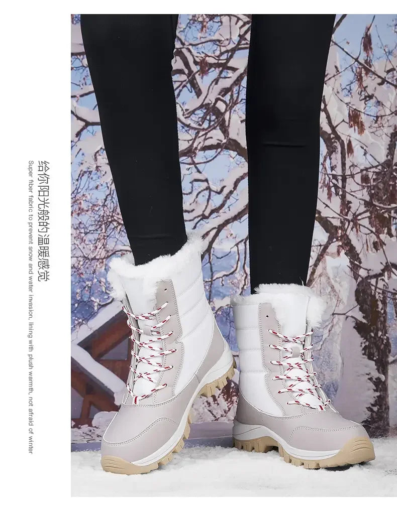 Winter Women's Waterproof High Heel Boots Strap Up Flat Heel Boots Warm Snow Shoes, Plush Outdoor Fashion Casual Boots