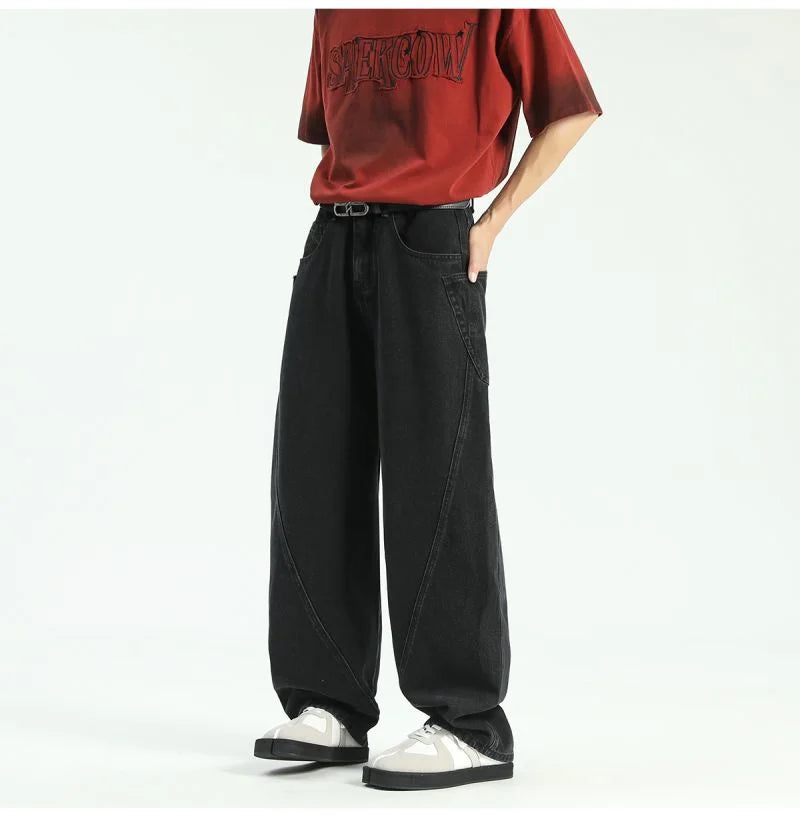 New Vintage Men‘s Patchwork Baggy Jeans Draped Straight-leg Denim Trousers Autumn Korean Fashion High Street Casual Y2K Jean
