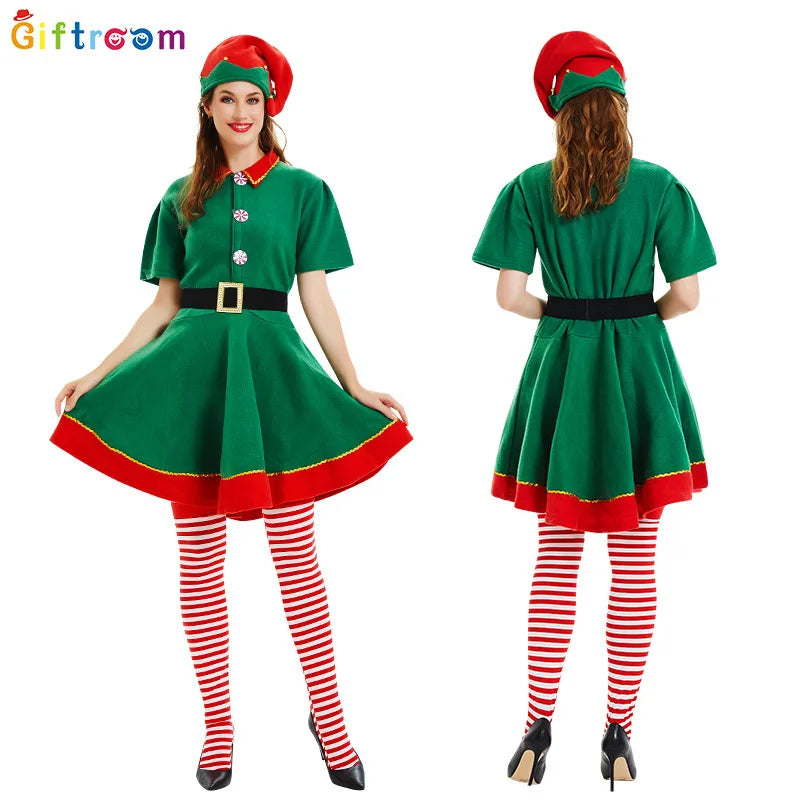 2025Christmas elf costumes, Santa Claus costume sets green elves Halloween cosplay