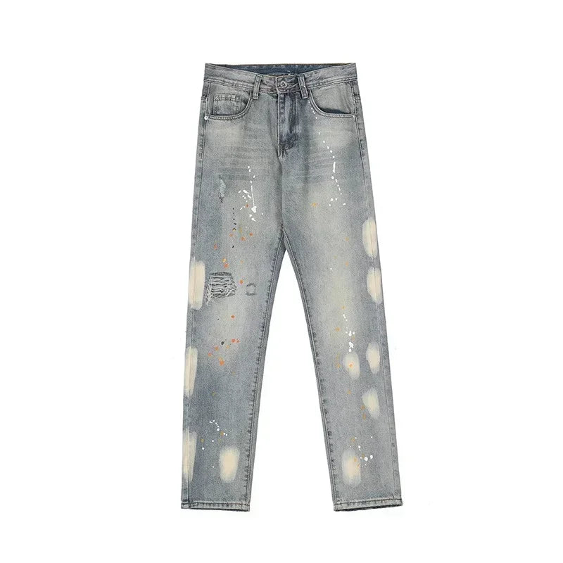 Men's Splashing ink Ripped Baggy Jeans 2024 New Hip Hop Fashion Graffiti Holed Straight-leg Denim Pants Y2k Streetwear Jean