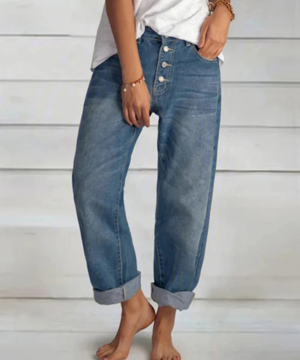 Jeans Straight Pants Women Denim Spliced Button Loose Pockets High Waist Wash Ankle Length 2024 Vintage Distressed Basics