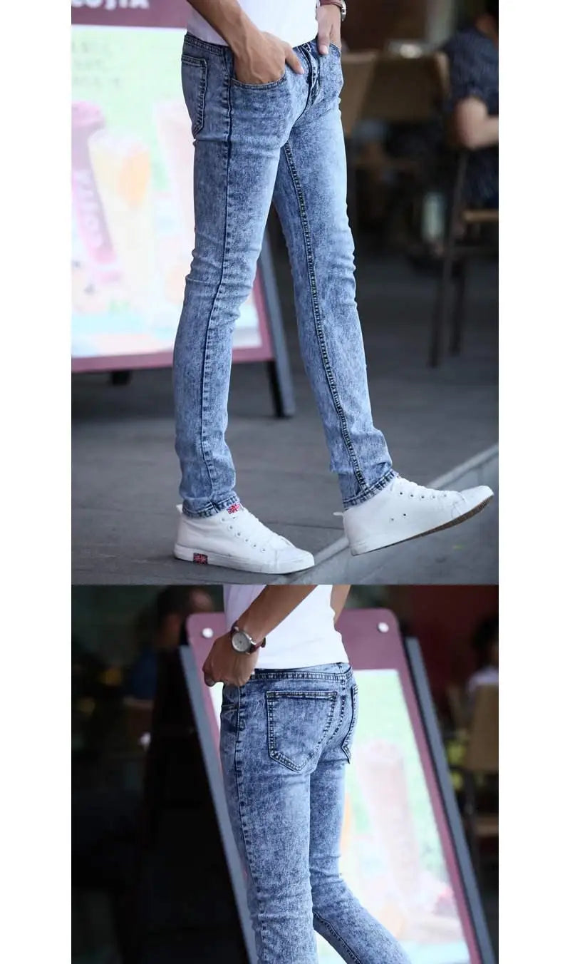 Pantalones vaqueros ajustados de estilo coreano para hombre, de lujo, para la nieve, para jóvenes, para primavera y otoño, informales, de algodón