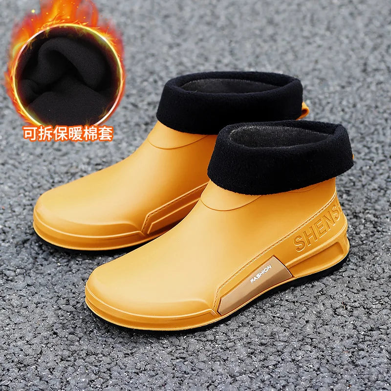 Waterproof Ankle Rain Boots for Men Chef Kitchen Fleece-lined Man Shoes Work Fashion Rainy Day Non-slip Garden Fishing Wellies