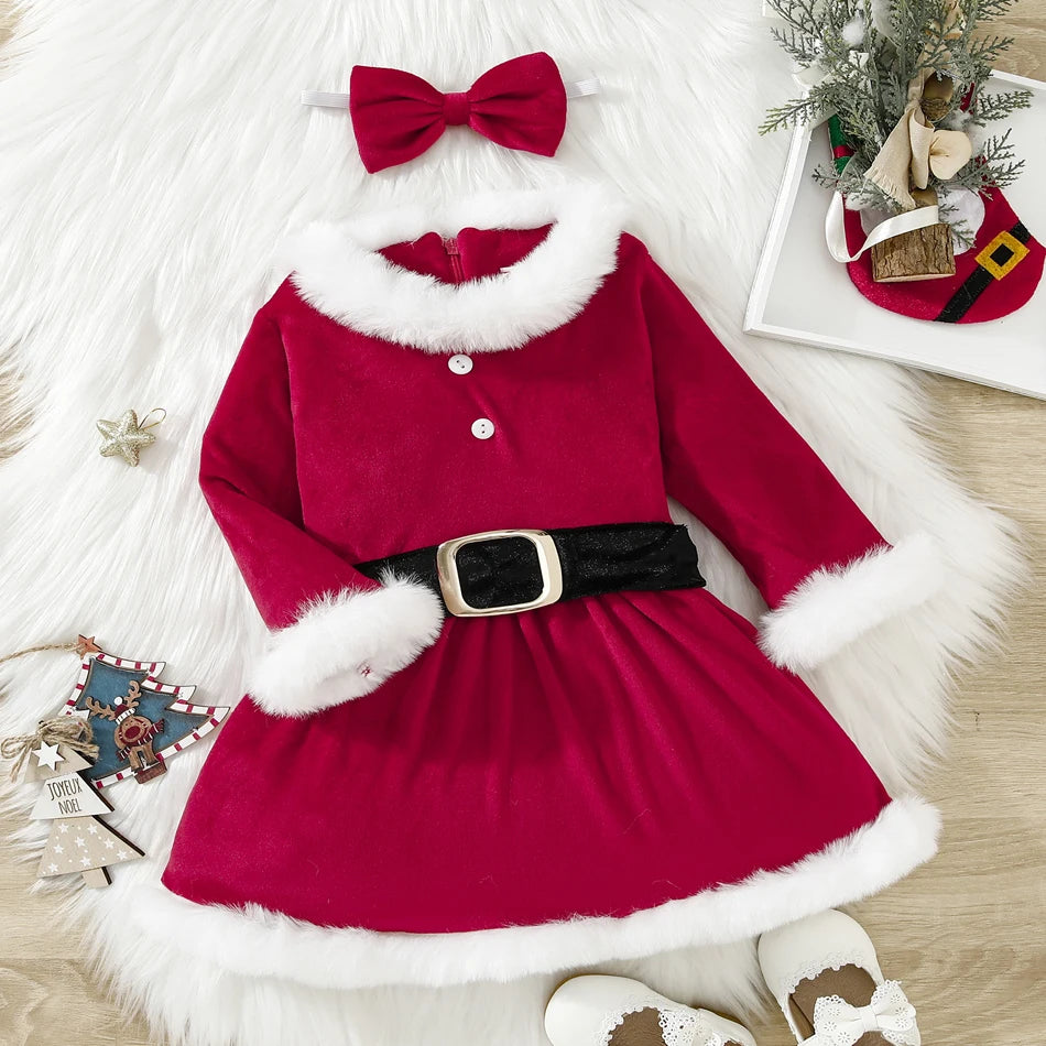 Children Christmas Party Dress Velvety with Fluffy Trim Hooded V-Neck Xmas Gown with Waist Bow Girl Red Christmas Dress