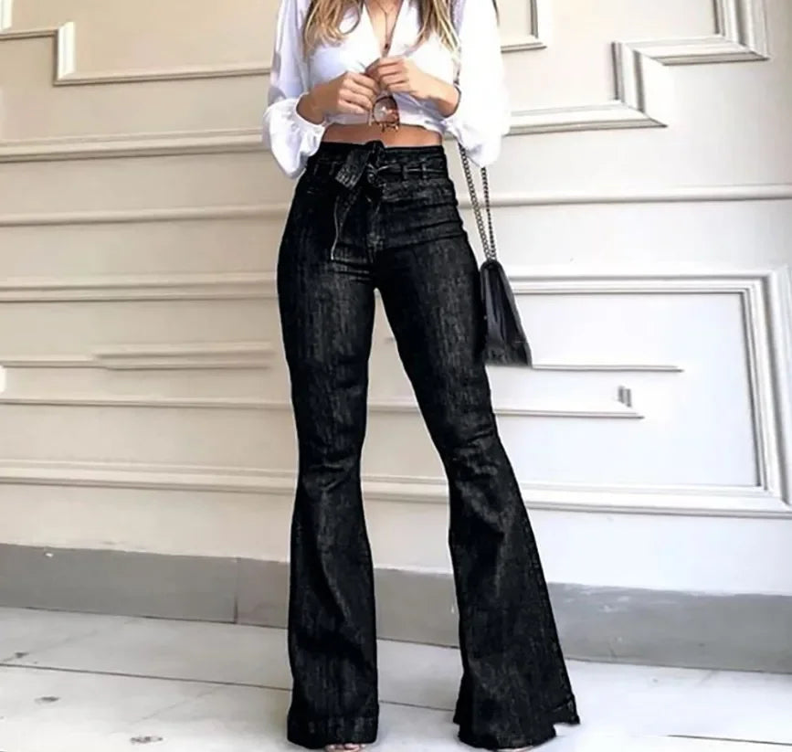 Pantalones vaqueros de mujer, de color liso, de cintura alta, acampanados, con cremallera, bolsillos planos, ropa de calle, ajustados, con botones y cinturón ligeramente elástico