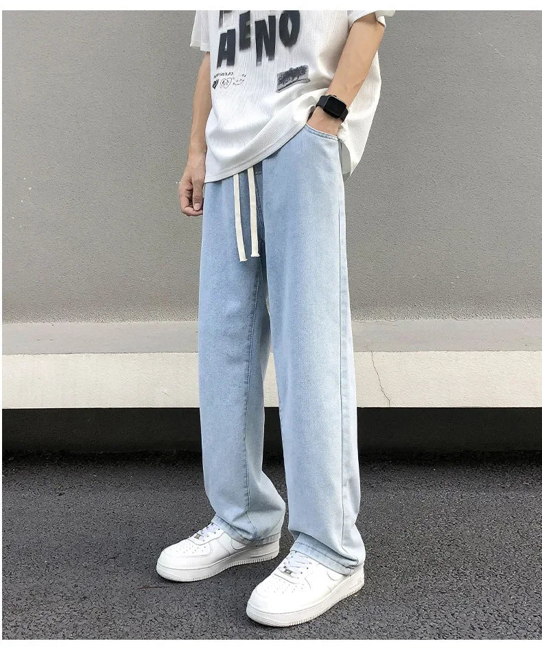 Pantalones vaqueros casuales de pierna recta para hombre, primavera, nuevos, holgados, con cintura elástica, estilo americano, pantalones de pierna ancha, recién llegados, moda de calle.