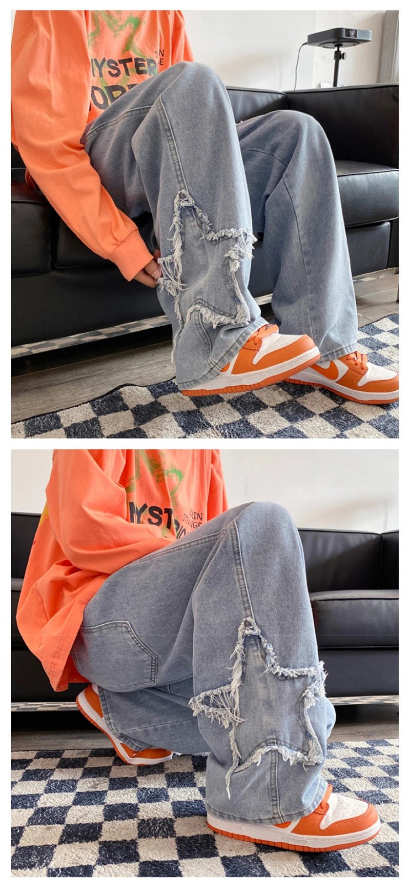 American Retro Star Embroidery Jeans Men's Baggy Hip Hop Fashion Denim Pants 2025 New Casual Y2K Streetwear Straight Trouser