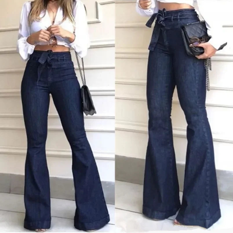 Pantalones vaqueros de mujer, de color liso, de cintura alta, acampanados, con cremallera, bolsillos planos, ropa de calle, ajustados, con botones y cinturón ligeramente elástico