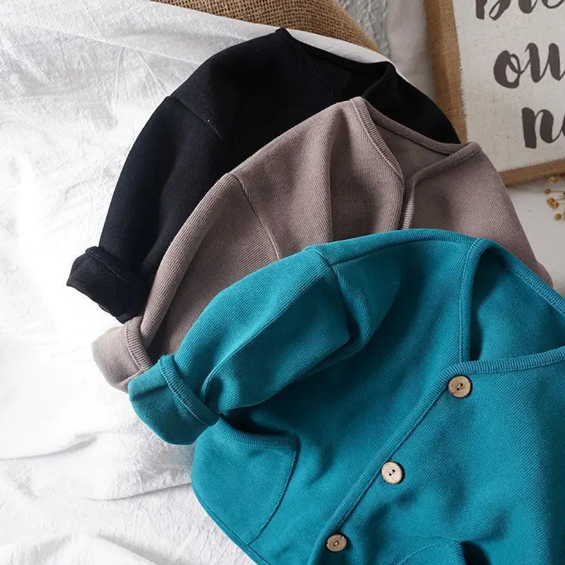 Korean 0-7Yrs Children's Loose Solid Color Long Sleeved Cardigan Autumn Style Pure Cotton Casual Top Jacket for Boys and Girls