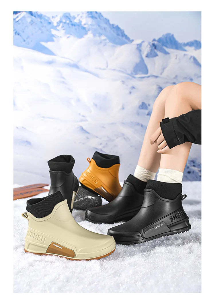 Waterproof Ankle Rain Boots for Men Chef Kitchen Fleece-lined Man Shoes Work Fashion Rainy Day Non-slip Garden Fishing Wellies