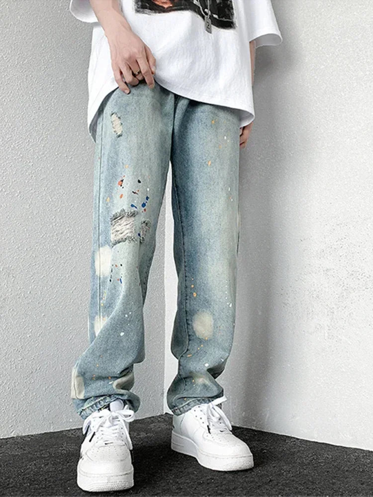 Men's Splashing ink Ripped Baggy Jeans 2024 New Hip Hop Fashion Graffiti Holed Straight-leg Denim Pants Y2k Streetwear Jean