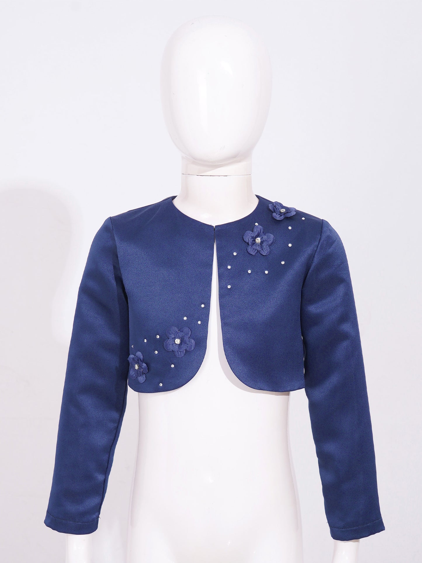 Kids Girls Satin Bolero Jackets Rhinestone Flower Elegant Cardigan Long Sleeve Open Front Shrug Cape Wedding Party Dress Outwear