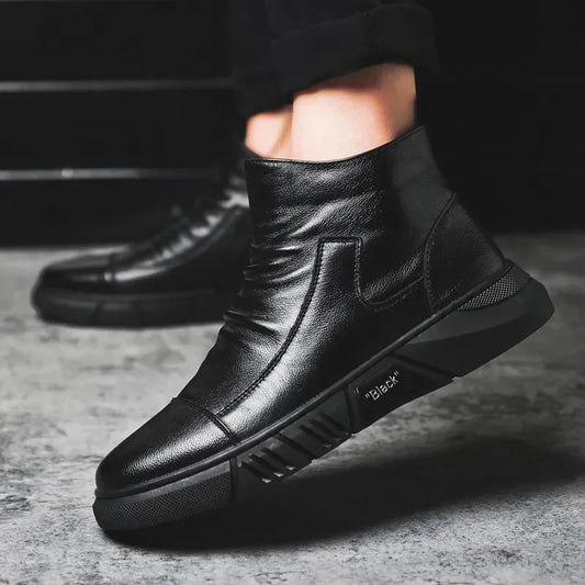 Bottes en cuir tendance pour hommes, bottes d'hiver chaudes et chaudes, chaussures en coton, bottes montantes décontractées en cuir, style britannique, chaussures pour hommes