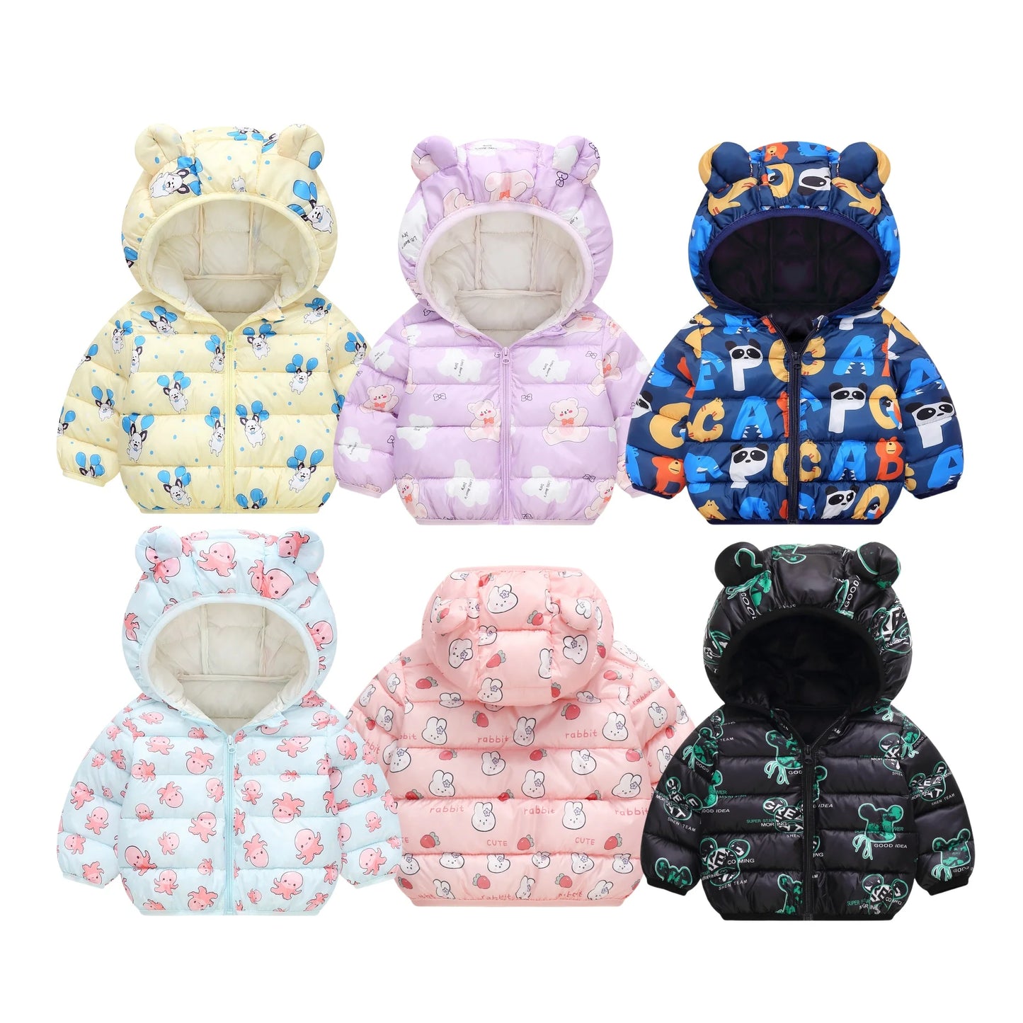 1-6Y Baby Cartoon Bear Ear Hooded Puffer Jackets Infant Warm Printed Winter Coats