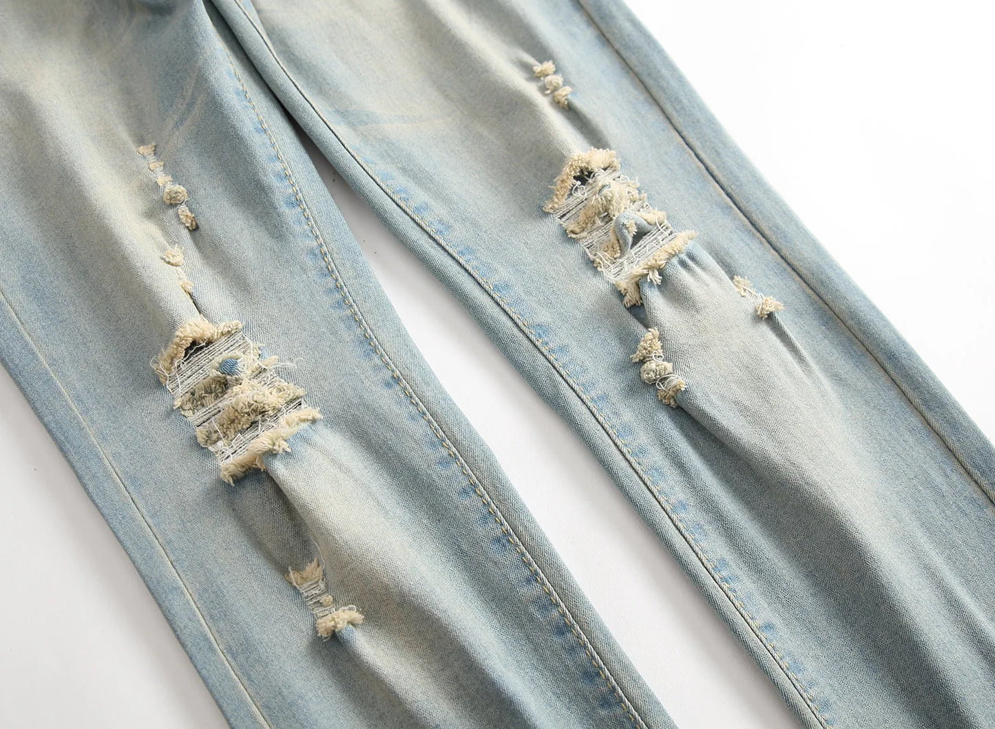 Punk Street Style Ripped Skinny Jeans Men Vintage Wash Solid Denim Trouser Mens Casual Slim Fit Pencil Denim Holes Pants 2024