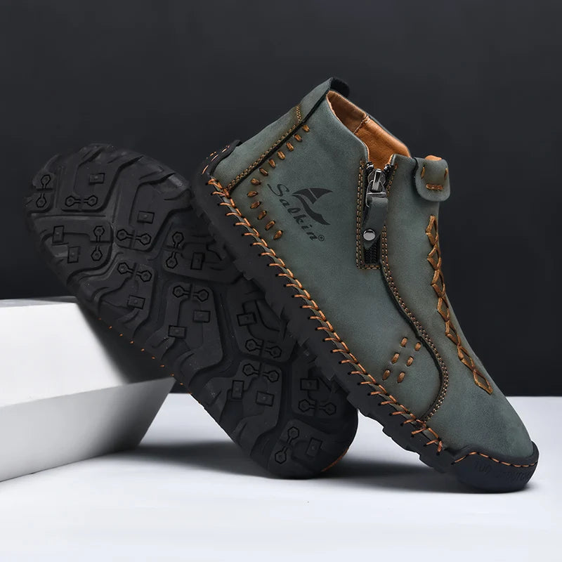 Nuevas botas de invierno hechas a mano en piel para hombre, con diseño de cremallera, transpirables, informales, de piel, botines para hombre, para exteriores