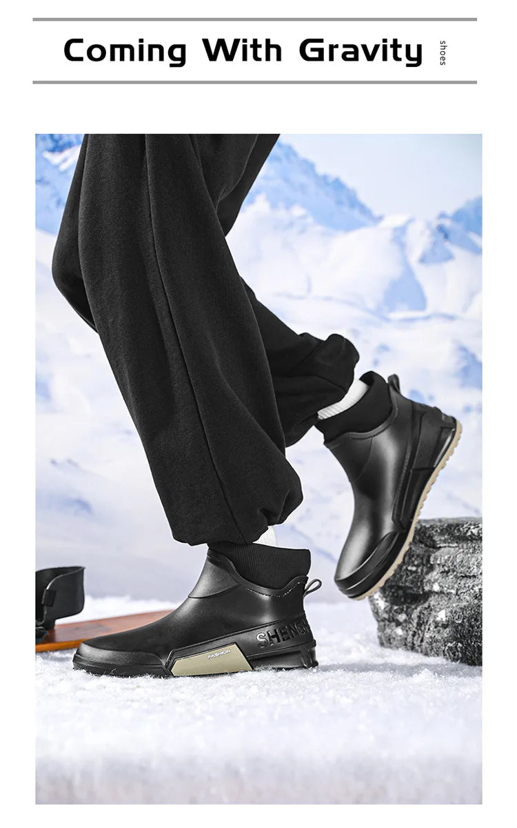 Waterproof Ankle Rain Boots for Men Chef Kitchen Fleece-lined Man Shoes Work Fashion Rainy Day Non-slip Garden Fishing Wellies