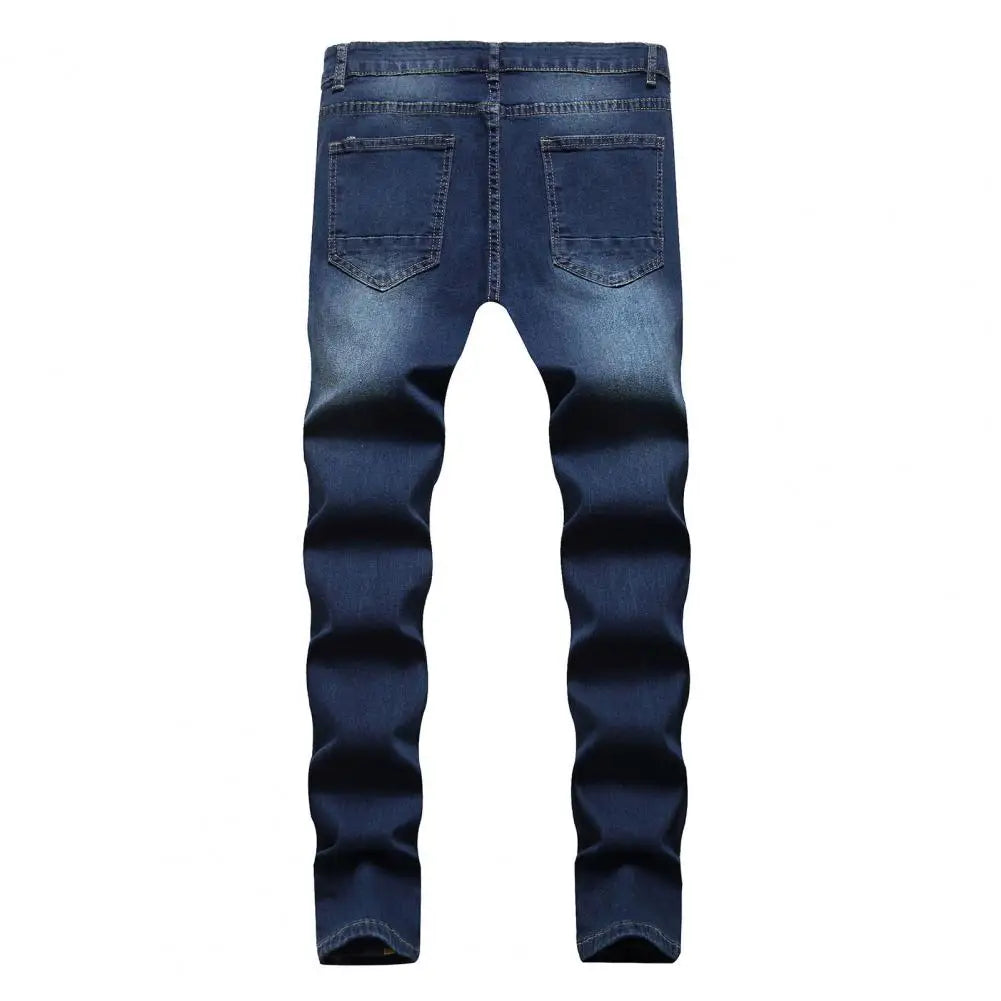 Pantalones vaqueros ajustados para hombre, elásticos, pintados, ajustados, rotos, desgastados, plisados, con parches en las rodillas, pantalones vaqueros casuales de marca para hombre