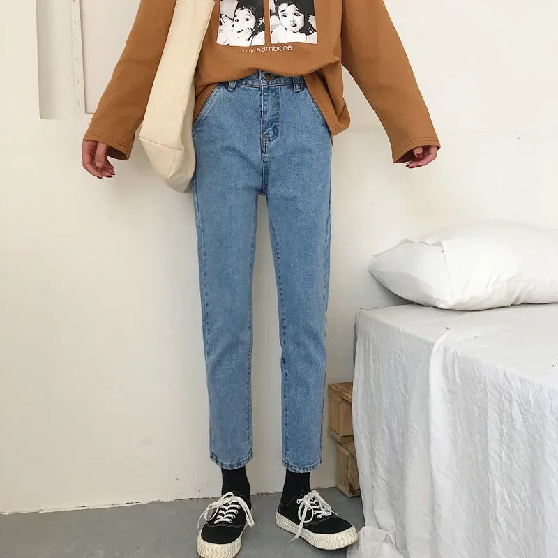 Pantalones vaqueros rectos de cintura alta, holgados, informales, de corte petite, color negro, para mujer, primavera y otoño de 2024