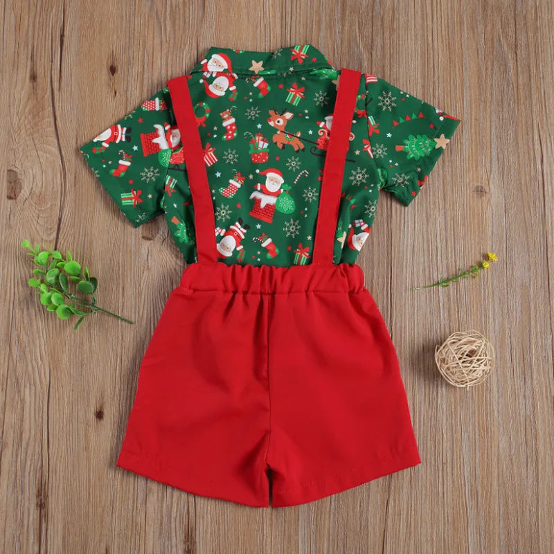 Ensemble de Noël pour bébé garçon de 1 à 6 ans : chemise à manches courtes avec nœud papillon et bretelles, short assorti.