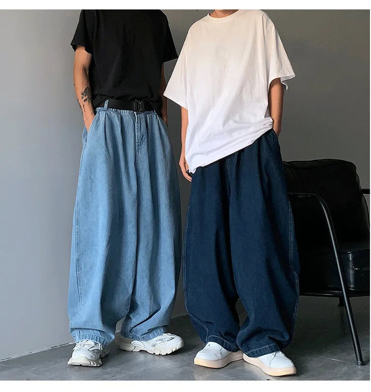 Pantalones vaqueros de pierna ancha para hombre, pantalones vaqueros largos, pantalones rectos, cintura elástica, bolsillo, sueltos, casuales, regulares, sólidos, empalmados, otoño e invierno.