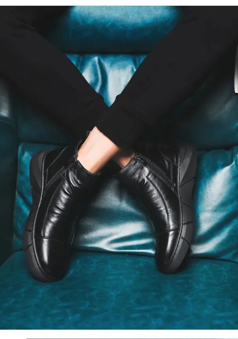 Bottes en cuir tendance pour hommes, bottes d'hiver chaudes et chaudes, chaussures en coton, bottes montantes décontractées en cuir, style britannique, chaussures pour hommes